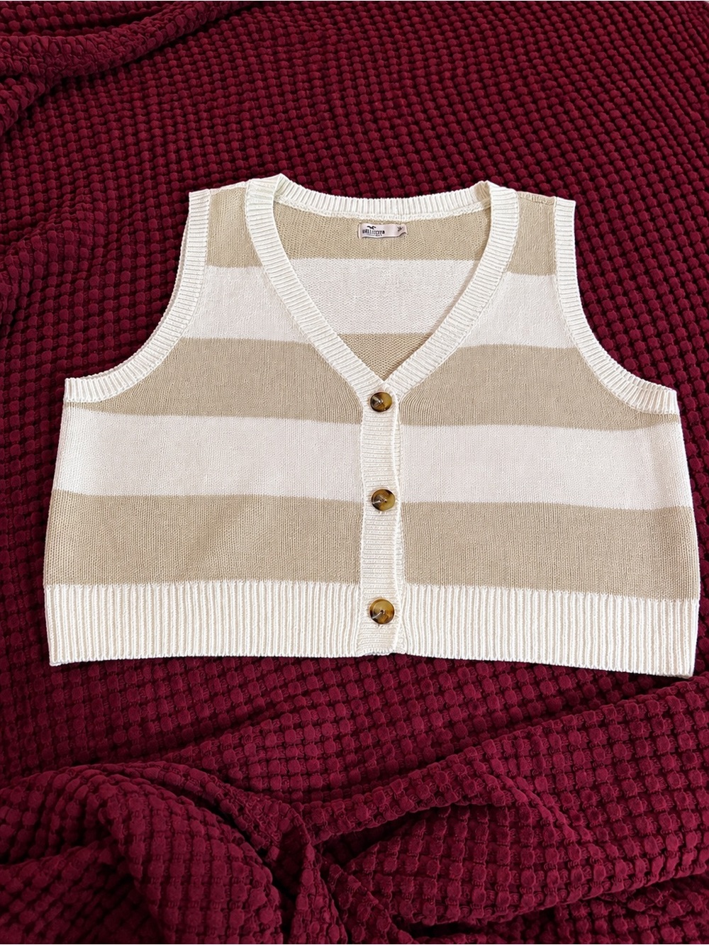 Striped Cream and Beige Knit Button-Front Sweater Vest
